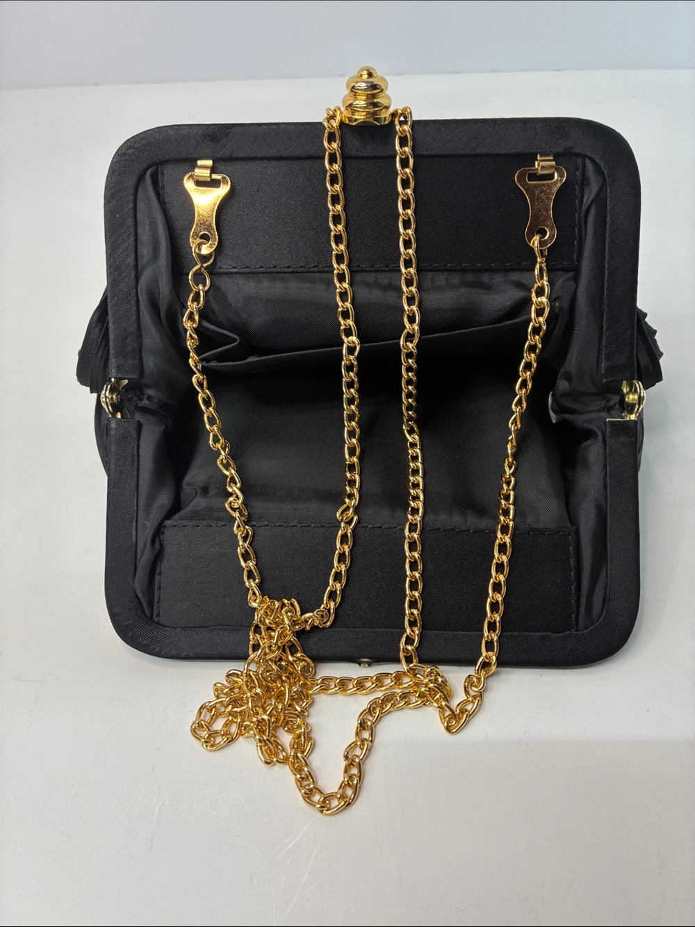 Black Pleated Satin Evening Clutch with Gold Kiss Lock - Picture 4 of 5